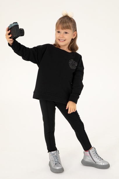 Kız Çocuk Siyah Bisiklet Yaka Basic Sweatshirt