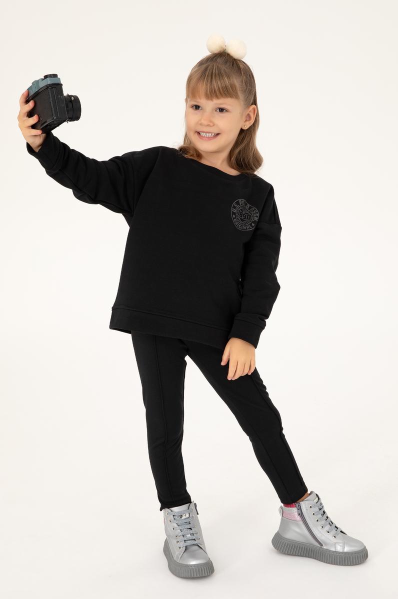 Kız Çocuk Siyah Bisiklet Yaka Basic Sweatshirt