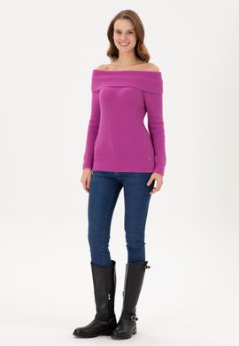 Kadın Fuşya Kayık Yaka Kazak - 50293116004