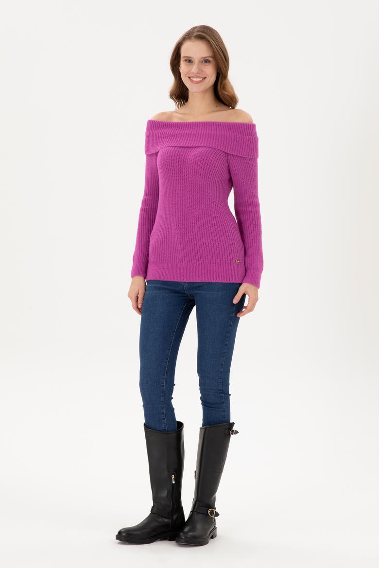 Kadın Fuşya Kayık Yaka Kazak - 50293116004