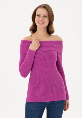 Kadın Fuşya Kayık Yaka Kazak - 50293116004