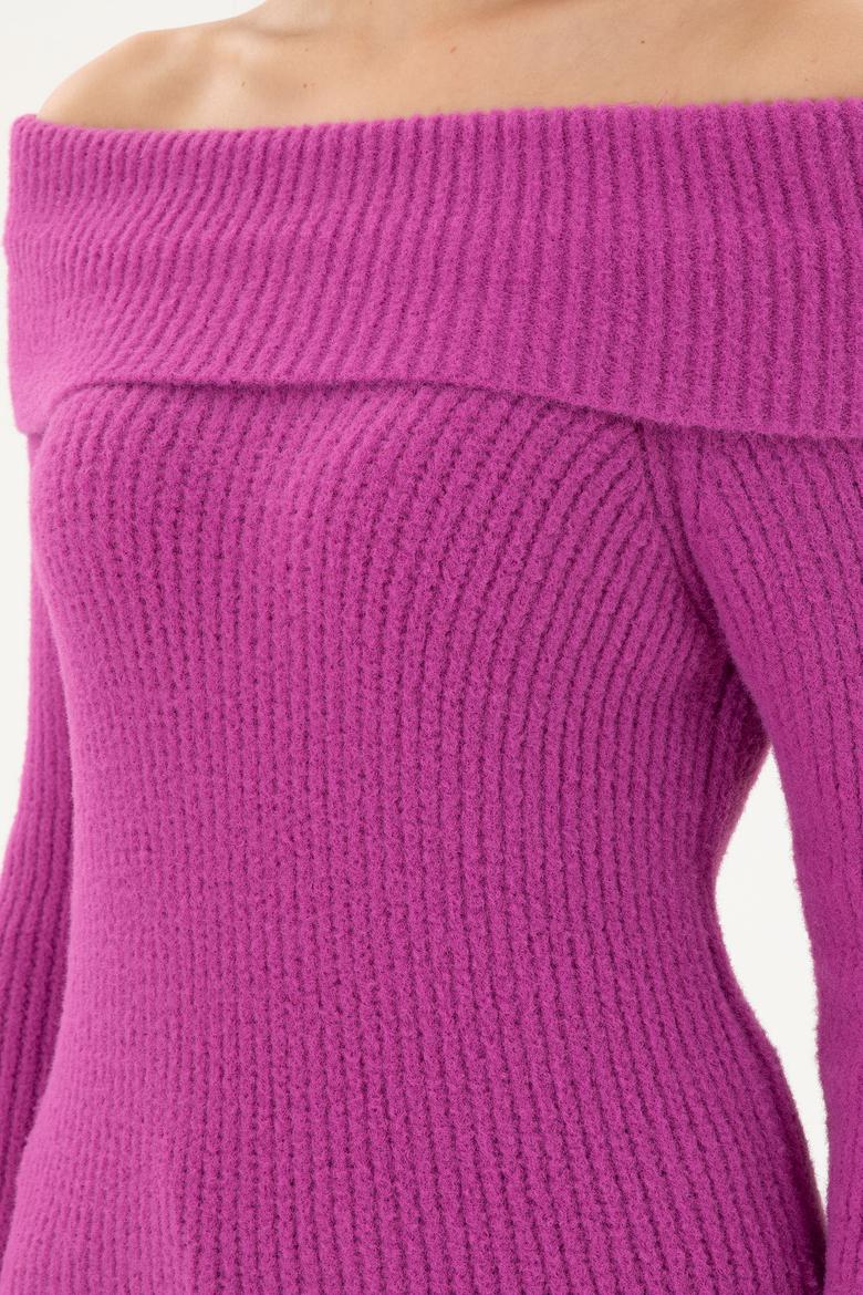 Kadın Fuşya Kayık Yaka Kazak - 50293116004