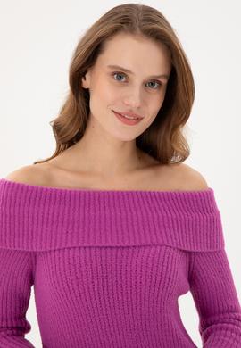 Kadın Fuşya Kayık Yaka Kazak - 50293116004