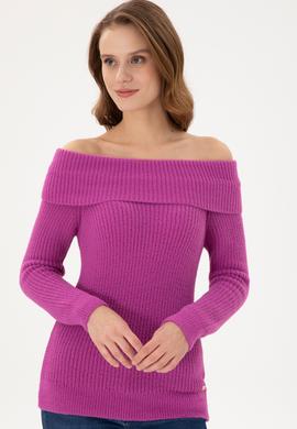 Kadın Fuşya Kayık Yaka Kazak - 50293116004