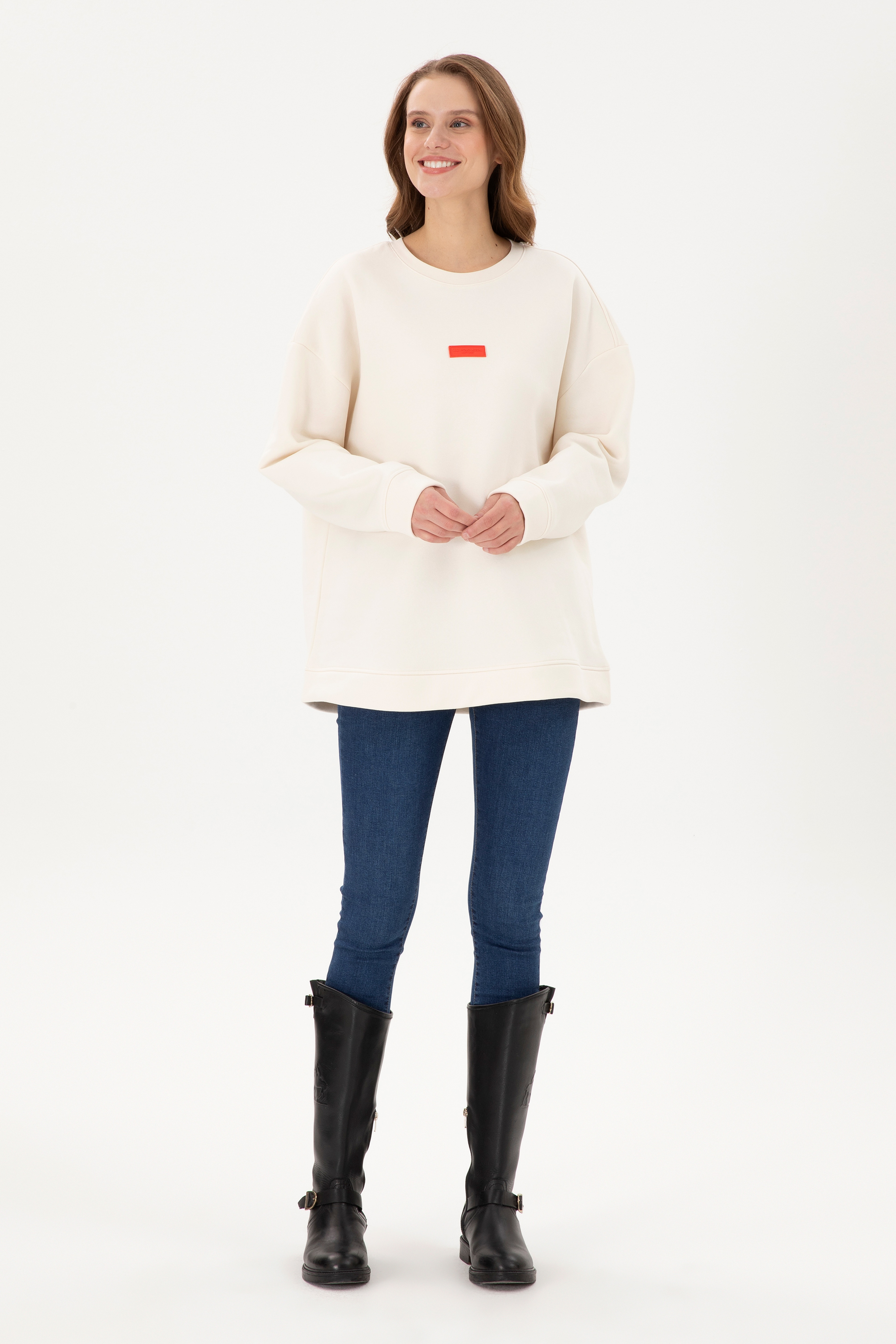 Kadın Krem Bisiklet Yaka Sweatshirt - Image 4