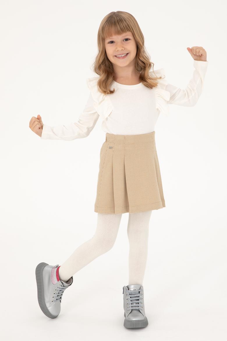Kız Çocuk Camel Pötikare Pileli Dokuma Etek - 50301357003
