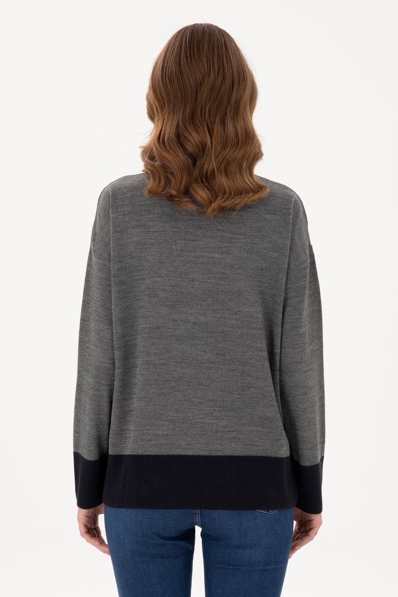 Kadın Gri Melanj Bisiklet Yaka Kazak - 50291623021