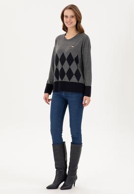 Kadın Gri Melanj Bisiklet Yaka Kazak - 50291623021