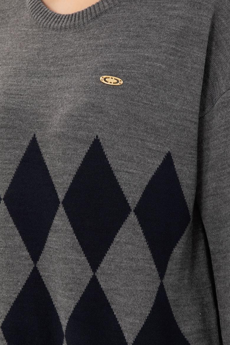 Kadın Gri Melanj Bisiklet Yaka Kazak - 50291623021