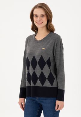 Kadın Gri Melanj Bisiklet Yaka Kazak - 50291623021