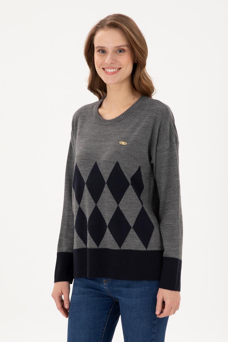 Kadın Gri Melanj Bisiklet Yaka Kazak