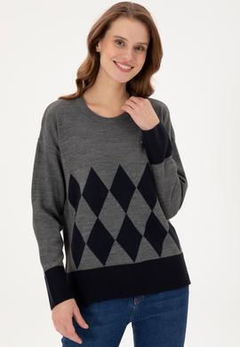 Kadın Gri Melanj Bisiklet Yaka Kazak - 50291623021