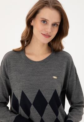 Kadın Gri Melanj Bisiklet Yaka Kazak - 50291623021