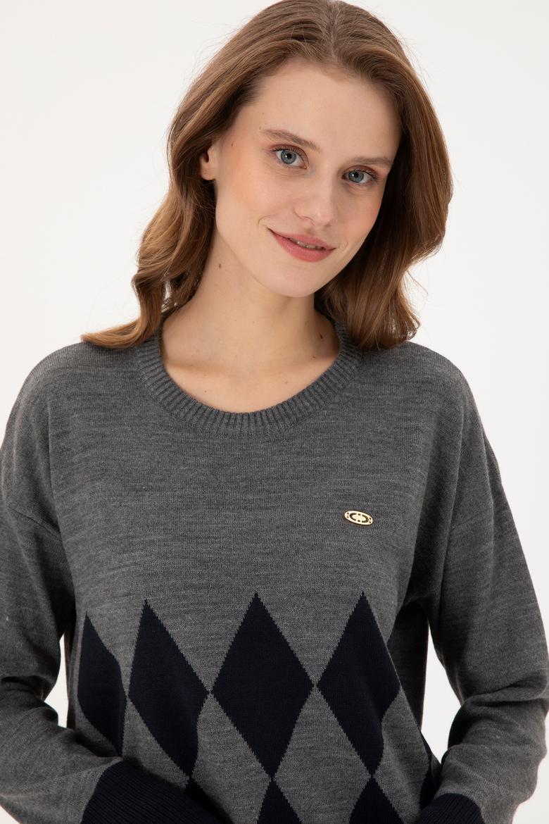 Kadın Gri Melanj Bisiklet Yaka Kazak - 50291623021