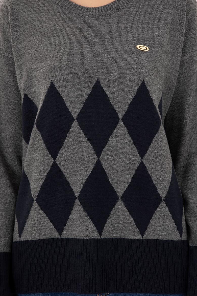 Kadın Gri Melanj Bisiklet Yaka Kazak - 50291623021