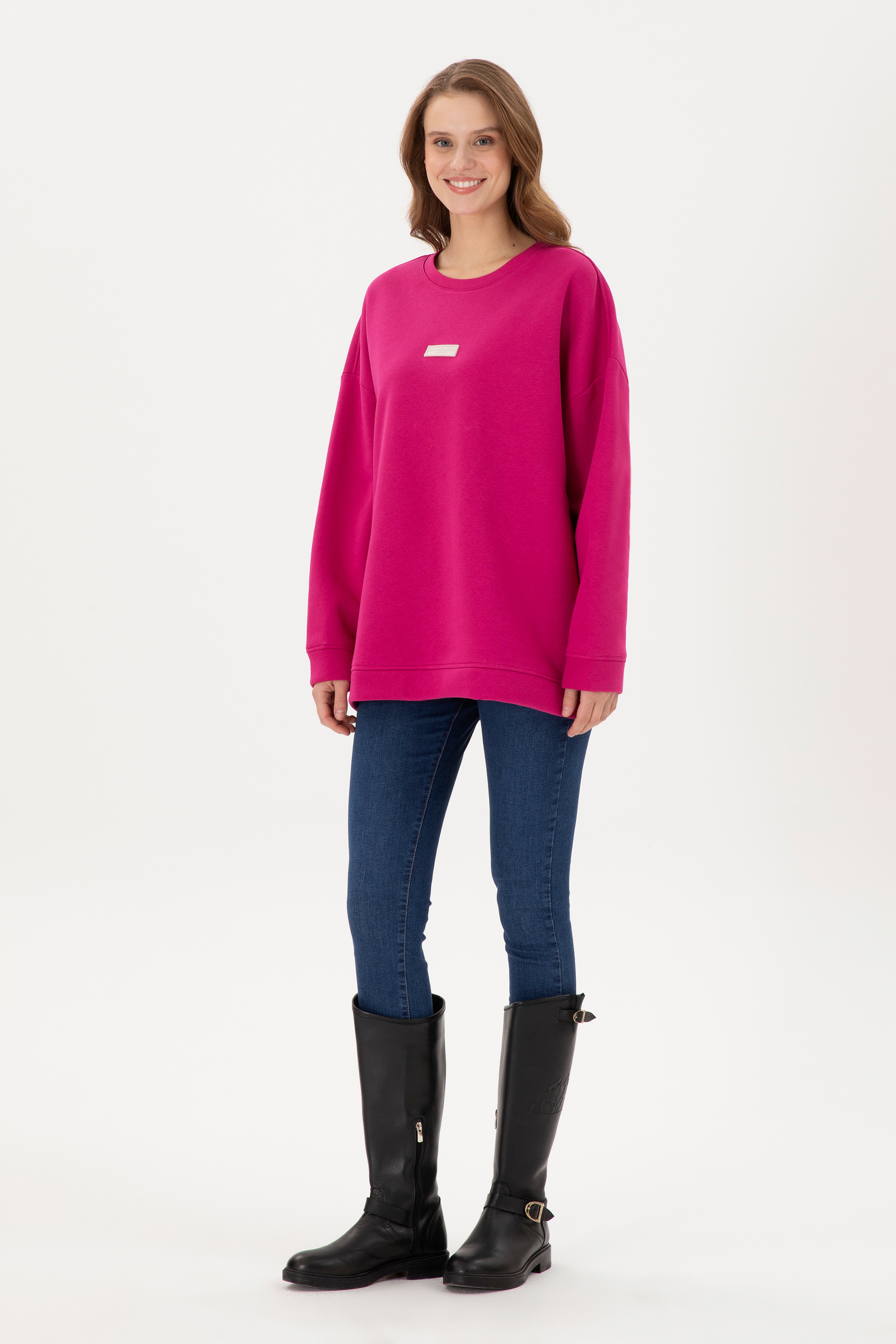 Kadın Fuşya Bisiklet Yaka Sweatshirt