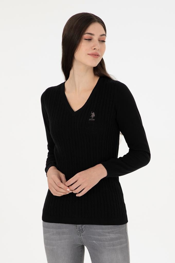 Kadın Siyah Basic V Yaka Kazak