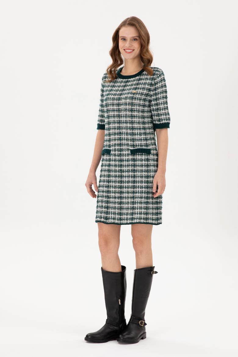 Kadın Koyu Yeşil Bisiklet Yaka Triko Elbise - 50293076020