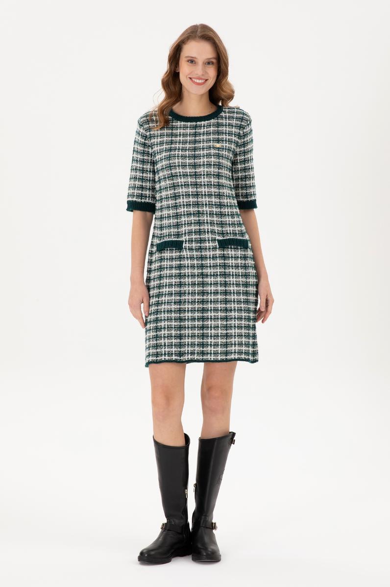 Kadın Koyu Yeşil Bisiklet Yaka Triko Elbise