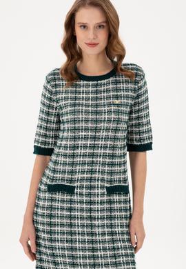 Kadın Koyu Yeşil Bisiklet Yaka Triko Elbise - 50293076020