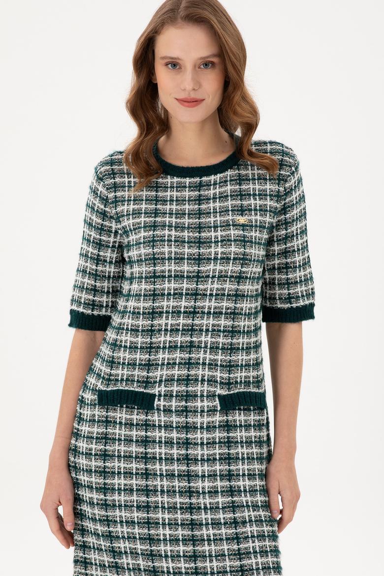 Kadın Koyu Yeşil Bisiklet Yaka Triko Elbise - 50293076020