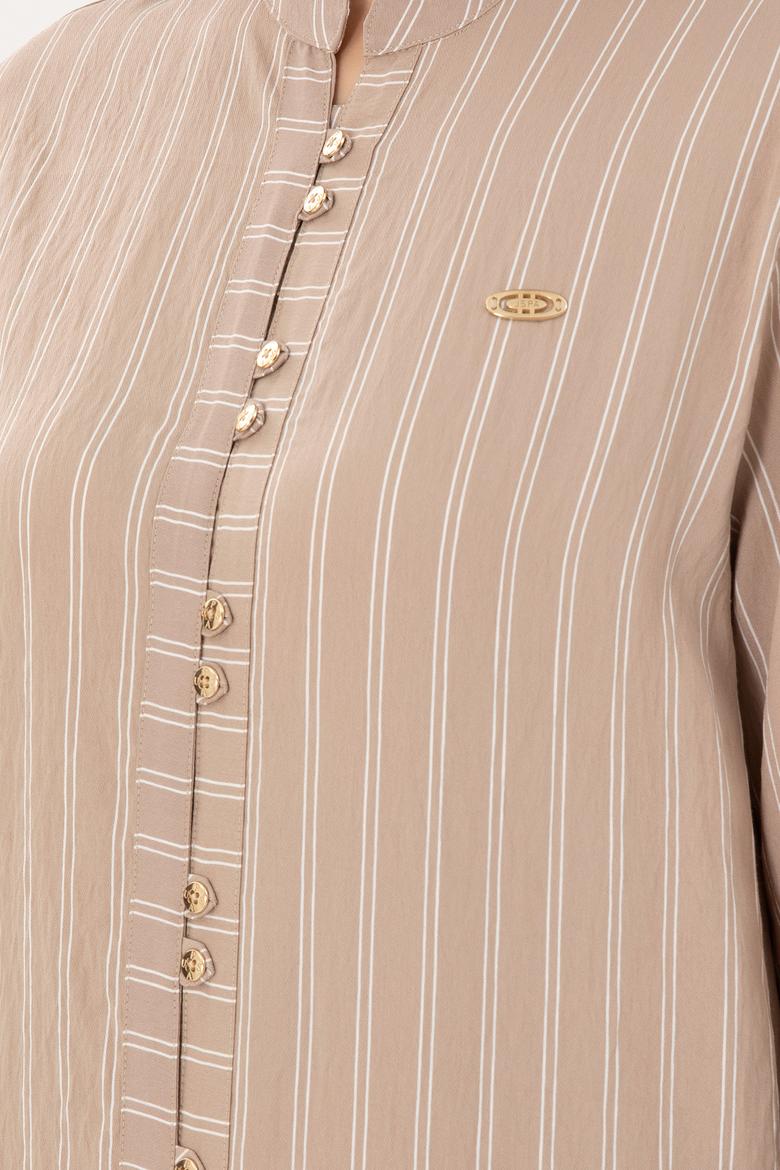 Kadın Kum Uzun Kollu Çizgili Tunik Gömlek - 50290024003