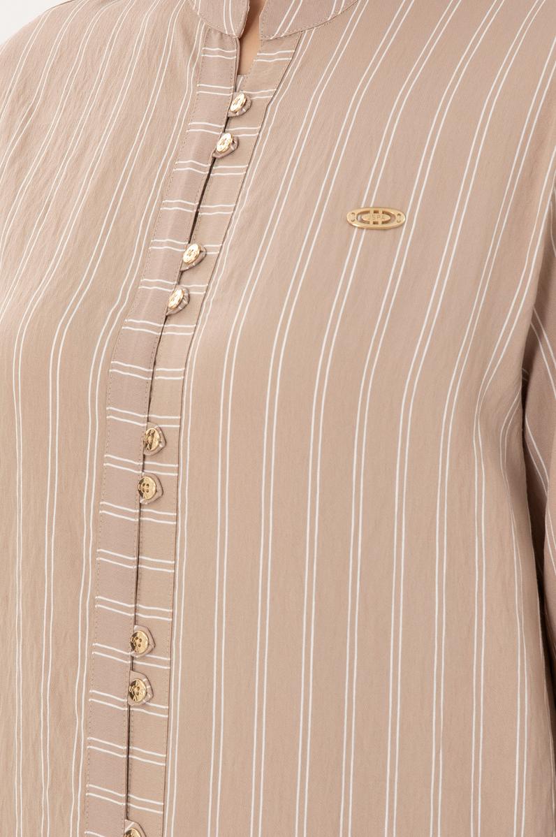 Kadın Kum Uzun Kollu Çizgili Tunik Gömlek