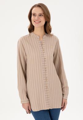 Kadın Kum Uzun Kollu Çizgili Tunik Gömlek - 50290024003