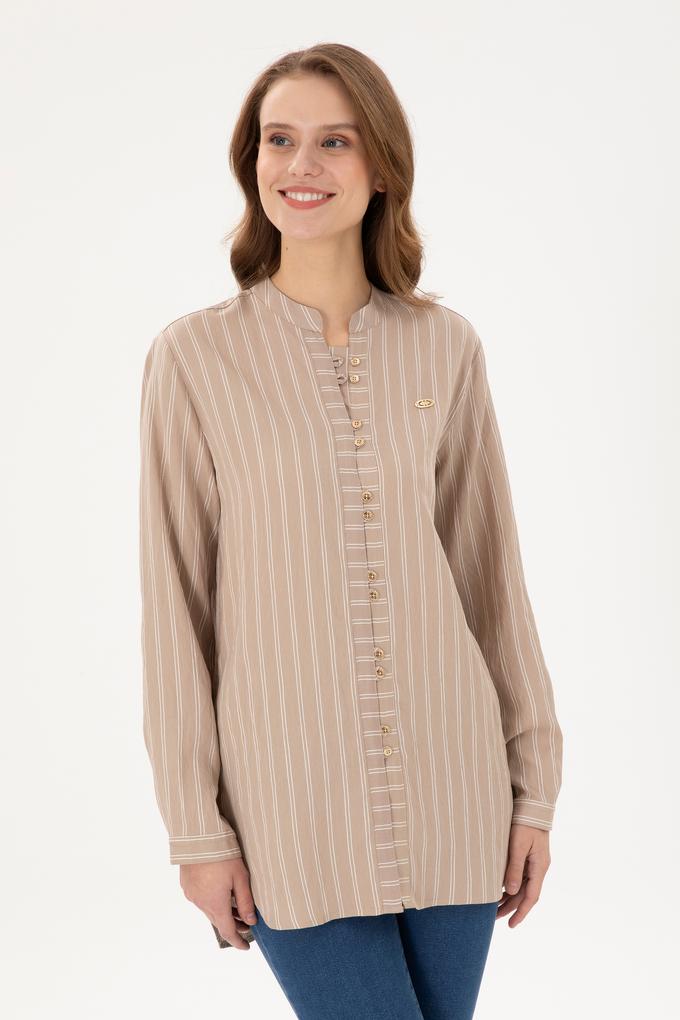 Kadın Kum Uzun Kollu Çizgili Tunik Gömlek
