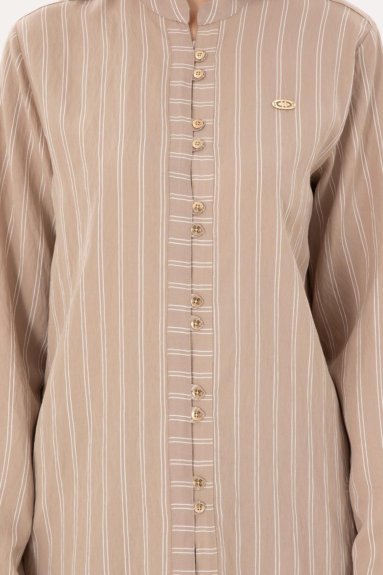 Kadın Kum Uzun Kollu Çizgili Tunik Gömlek - 50290024003