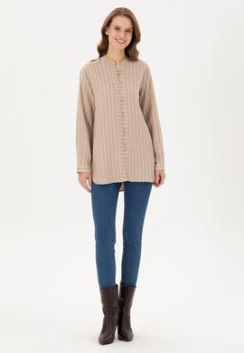 Kadın Kum Uzun Kollu Çizgili Tunik Gömlek - 50290024003