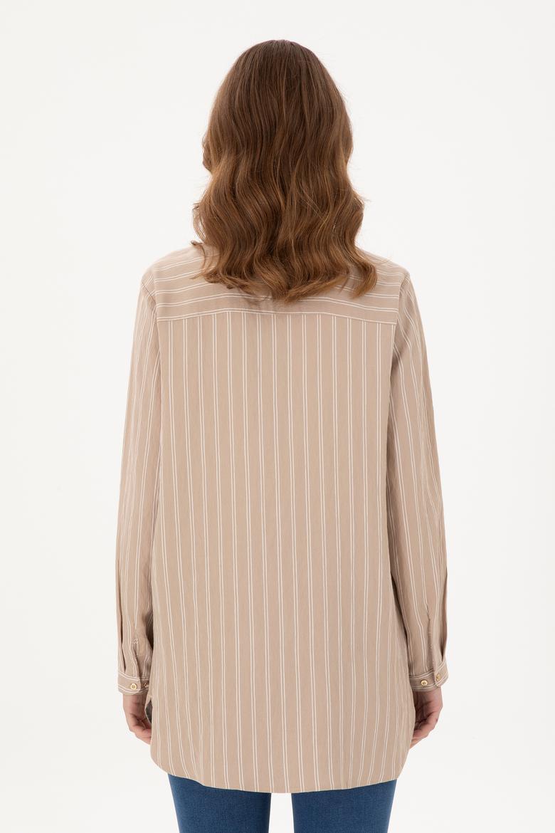 Kadın Kum Uzun Kollu Çizgili Tunik Gömlek - 50290024003