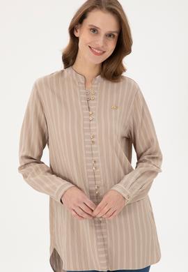 Kadın Kum Uzun Kollu Çizgili Tunik Gömlek - 50290024003