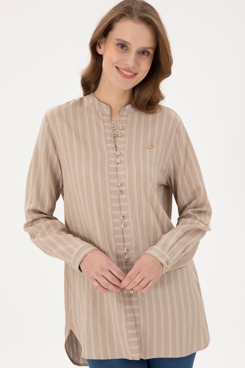 Kadın Kum Uzun Kollu Çizgili Tunik Gömlek - 50290024003