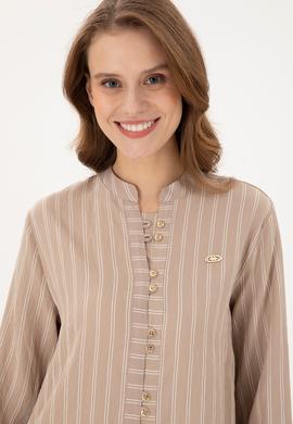 Kadın Kum Uzun Kollu Çizgili Tunik Gömlek - 50290024003