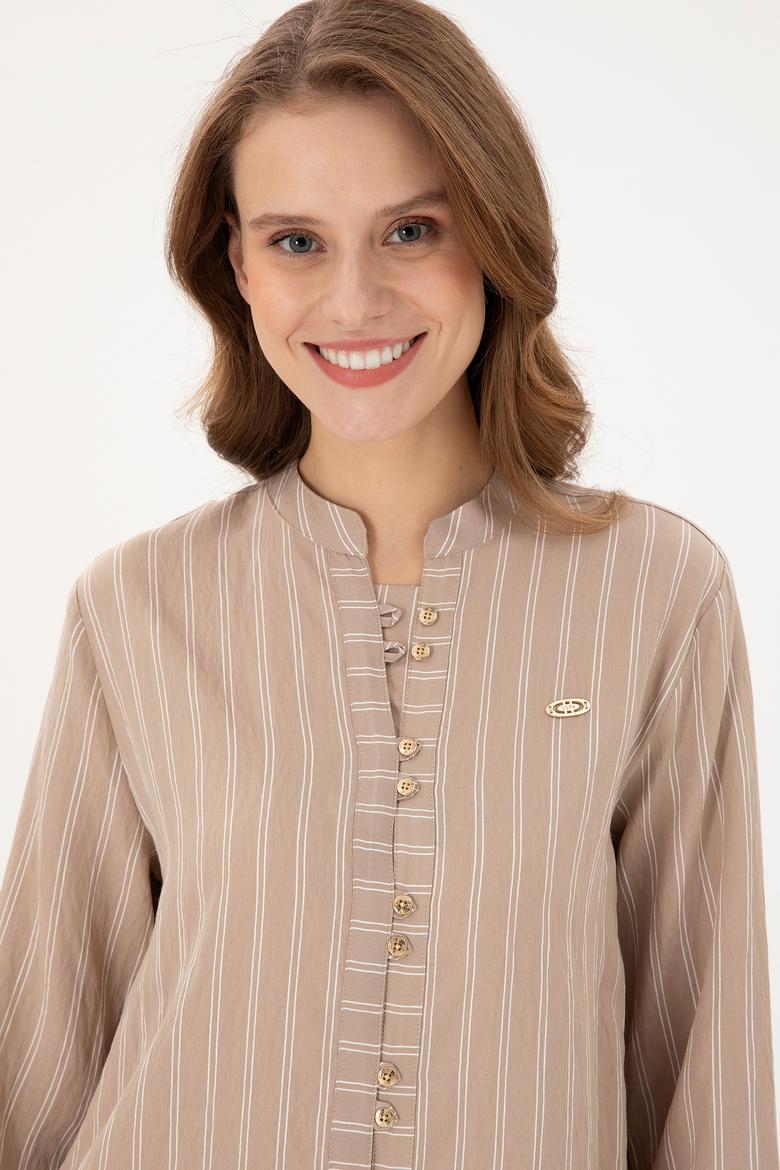 Kadın Kum Uzun Kollu Çizgili Tunik Gömlek - 50290024003