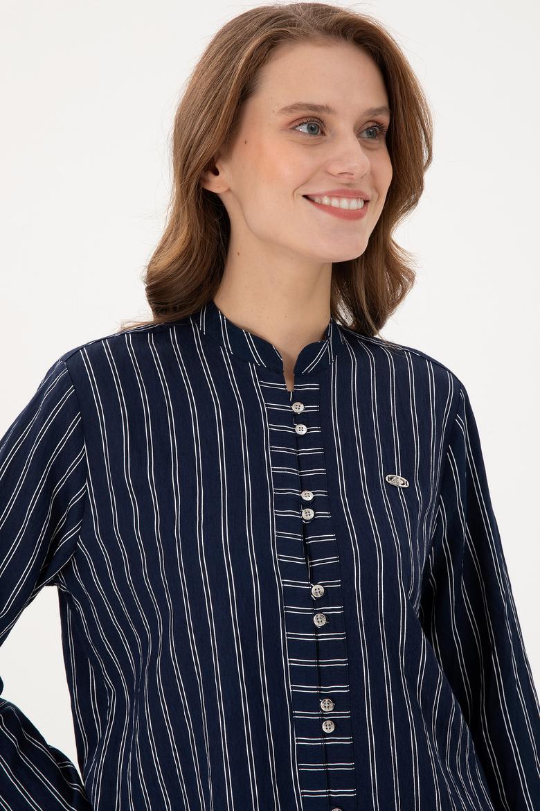 Kadın Lacivert Uzun Kollu Çizgili Tunik Gömlek - 50290024011