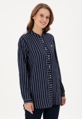 Kadın Lacivert Uzun Kollu Çizgili Tunik Gömlek - 50290024011