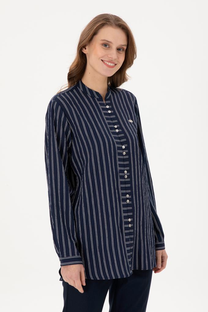 Kadın Lacivert Uzun Kollu Çizgili Tunik Gömlek