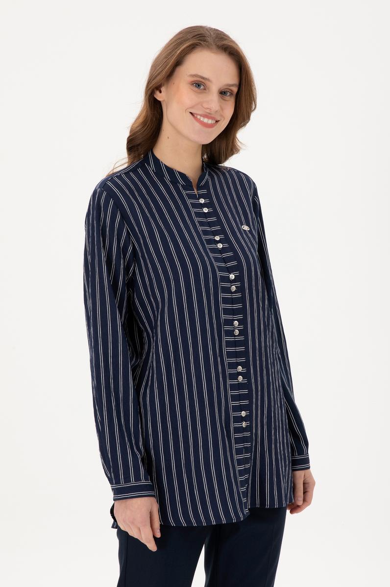 Kadın Lacivert Uzun Kollu Çizgili Tunik Gömlek