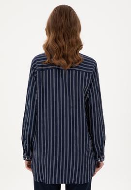 Kadın Lacivert Uzun Kollu Çizgili Tunik Gömlek - 50290024011