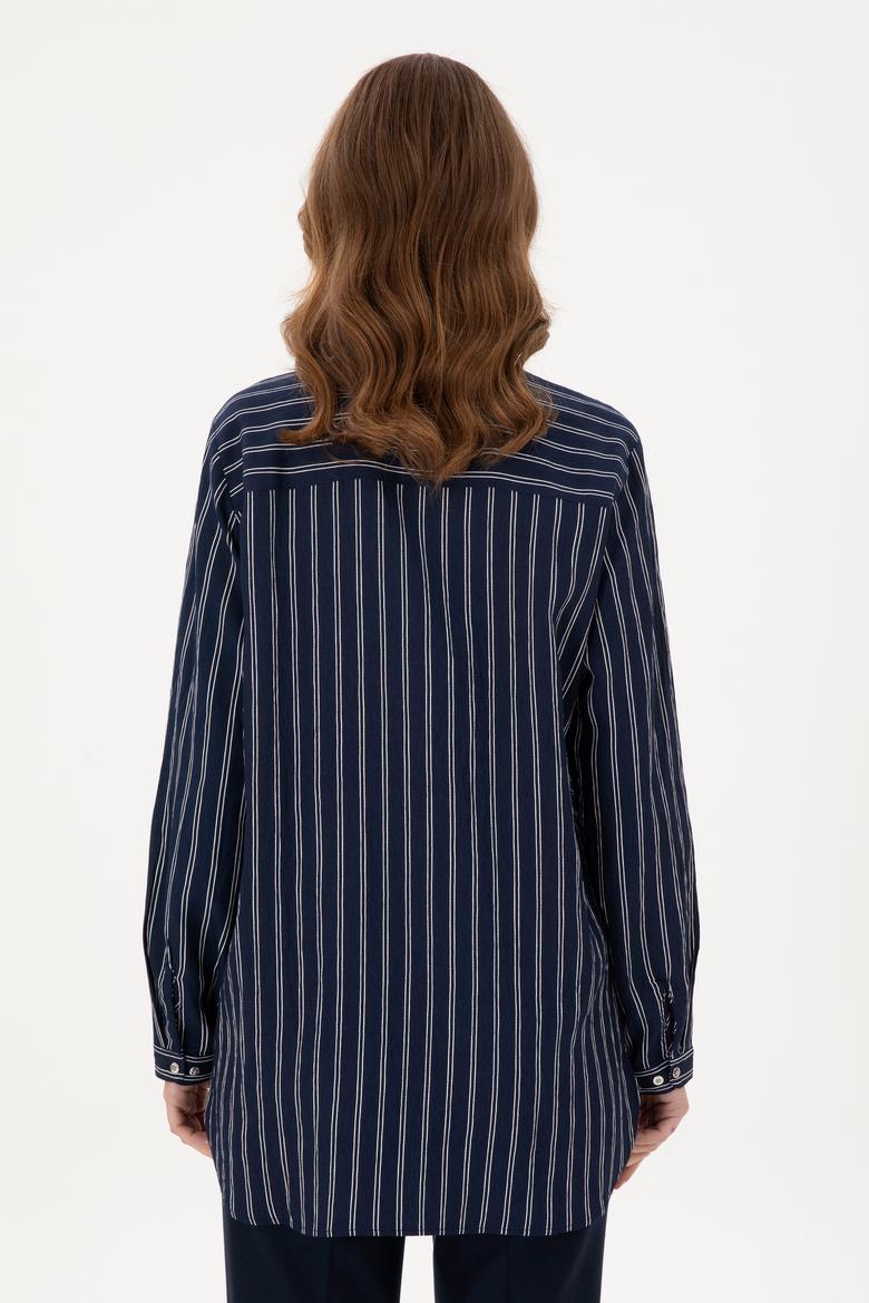 Kadın Lacivert Uzun Kollu Çizgili Tunik Gömlek - 50290024011
