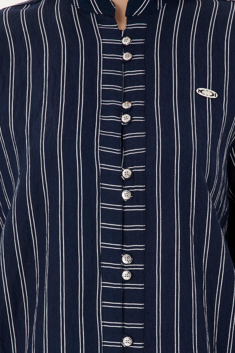 Kadın Lacivert Uzun Kollu Çizgili Tunik Gömlek - 50290024011