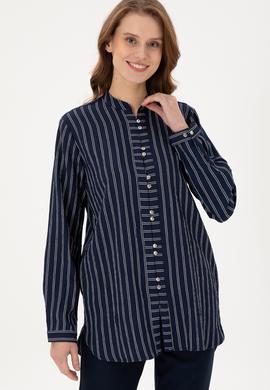 Kadın Lacivert Uzun Kollu Çizgili Tunik Gömlek - 50290024011