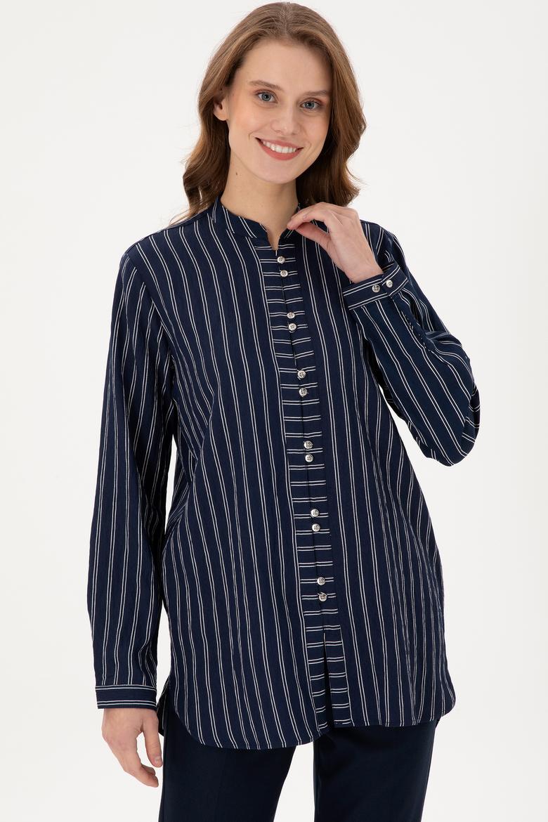 Kadın Lacivert Uzun Kollu Çizgili Tunik Gömlek - 50290024011