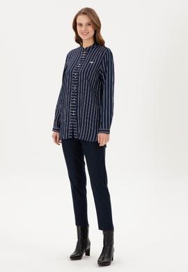 Kadın Lacivert Uzun Kollu Çizgili Tunik Gömlek - 50290024011