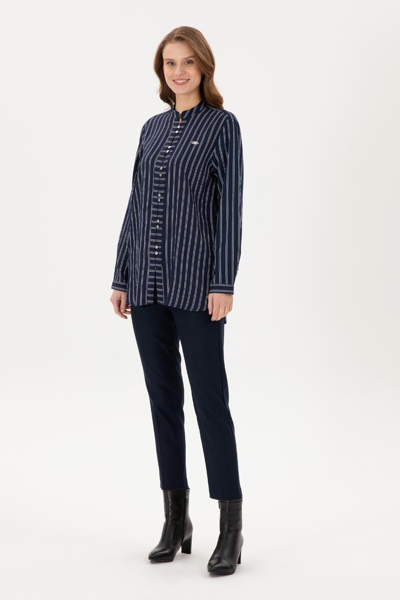 Kadın Lacivert Uzun Kollu Çizgili Tunik Gömlek - 50290024011