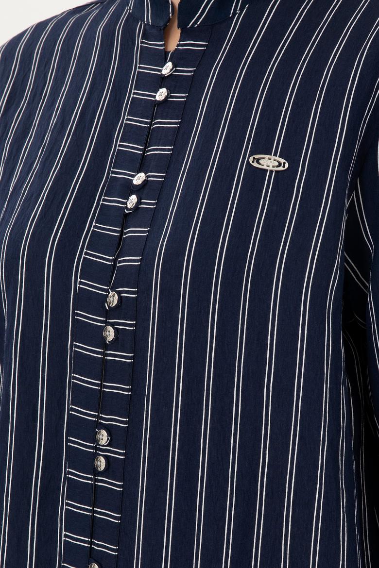 Kadın Lacivert Uzun Kollu Çizgili Tunik Gömlek - 50290024011