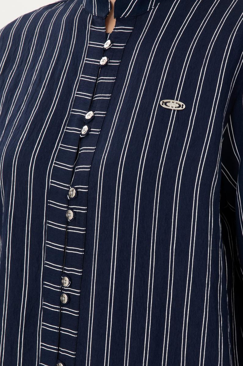 Kadın Lacivert Uzun Kollu Çizgili Tunik Gömlek