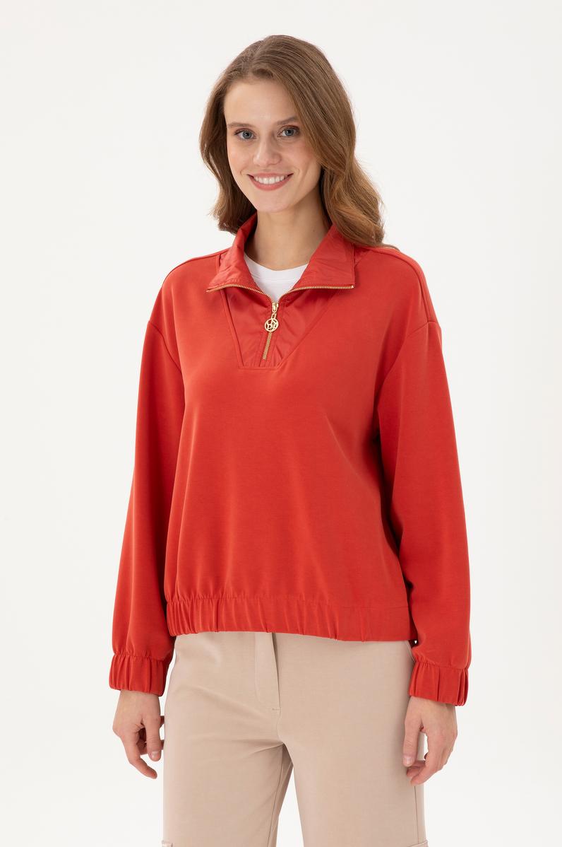 Kadın Kiremit Dik Yaka Sweatshirt